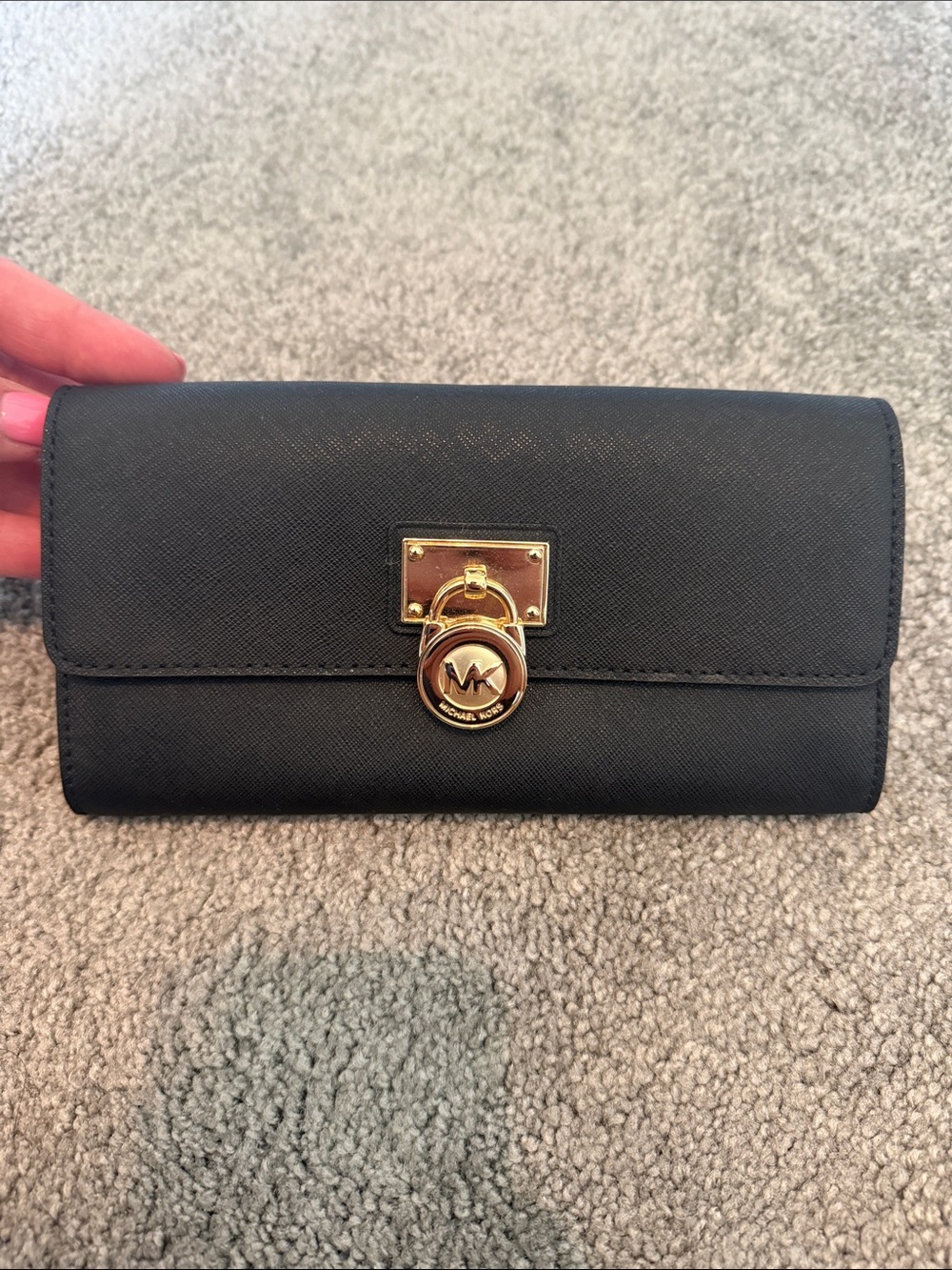 Michael Kors Black Saffiano Wallet with Gold MK Emblem